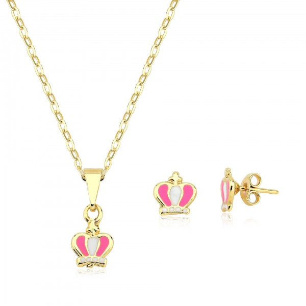 Conjunto infantil coroa pink folheado a ouro 18k