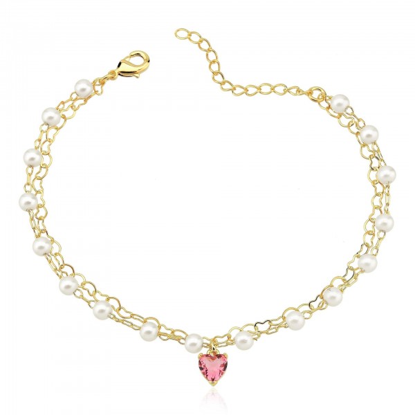 Pulseira dupla mix de elos pérolas ping. coração quartzo rosa folheado a ouro 18k