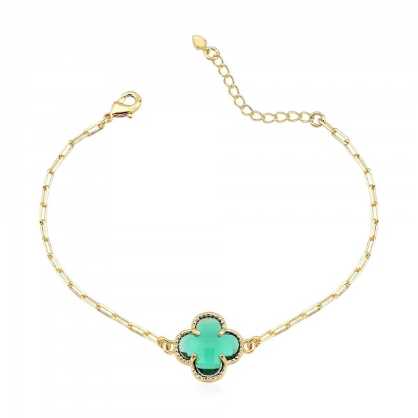 Pulseira leona trevo elo cartier esmeralda folheado a ouro 18k