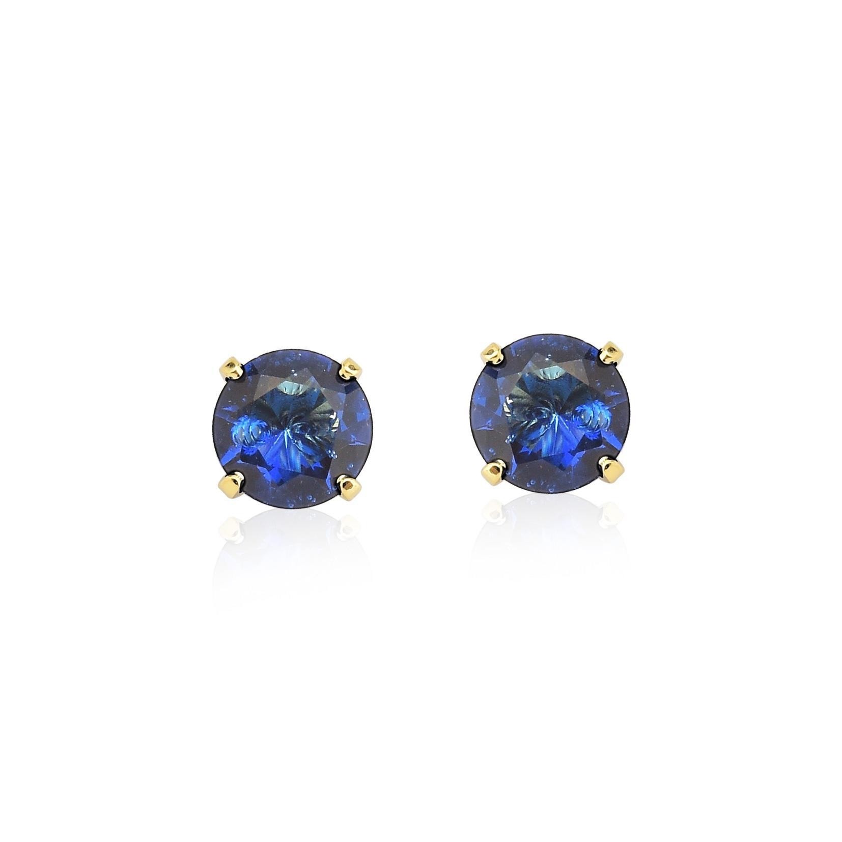 Brinco diamante ponto de luz 6mm safira azul folheado a ouro 18k