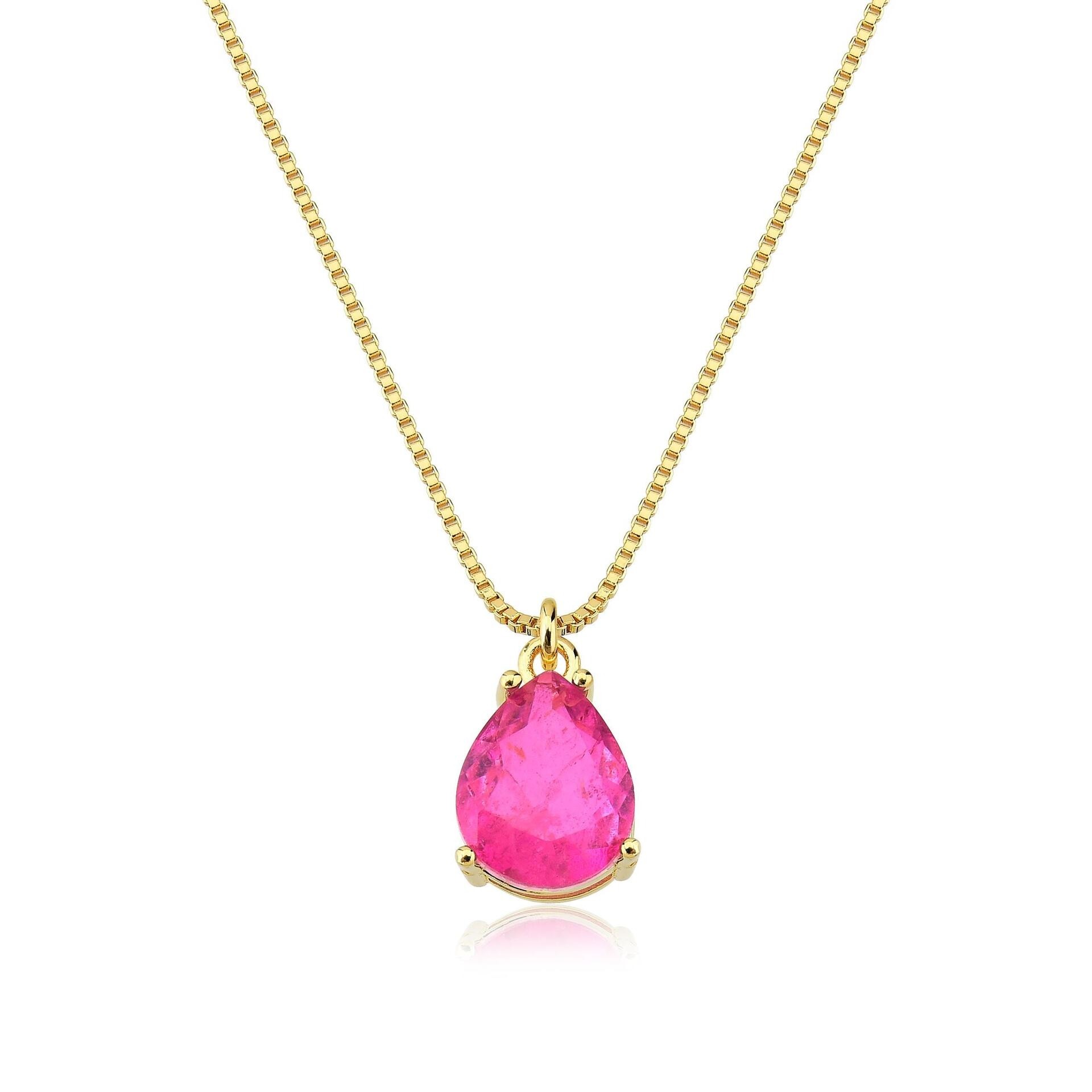 Colar alicia gota 8x10mm rubelita pink folheado a ouro 18k