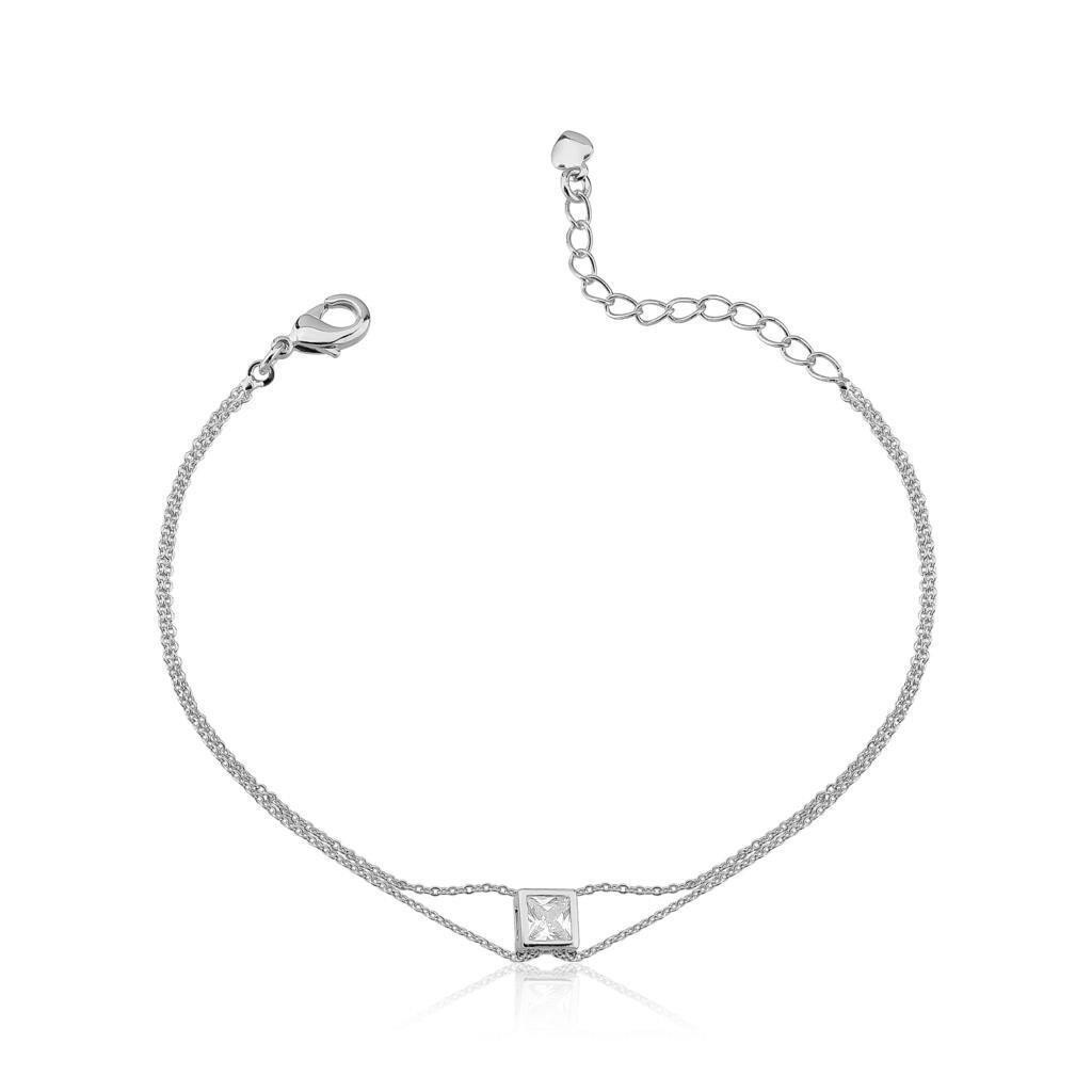 Pulseira dupla mini elo portugues ponto de luz quadrado cristal folheado a ouro branco